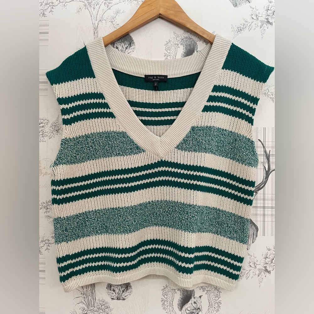 rag & bone Green and Cream V-Neck Sweater Vest - Picture 2 of 7